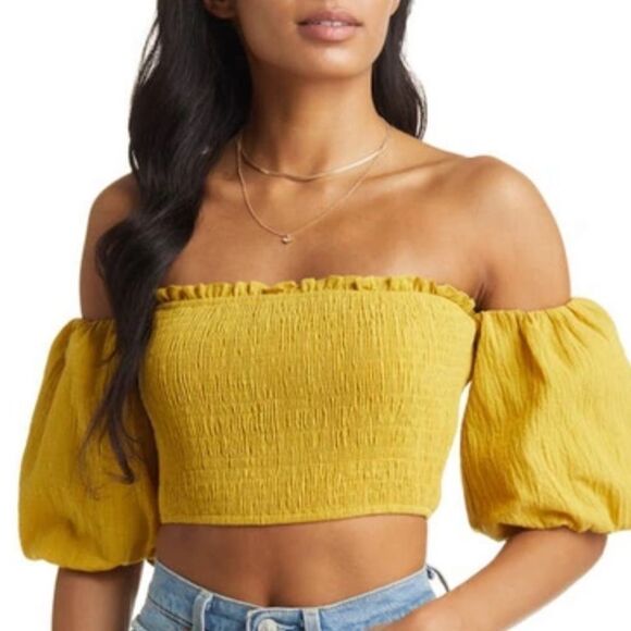 NWT Vici Puff Sleeve Smocked Crop Top In Misty Yellow XL - Picture 1 of 9
